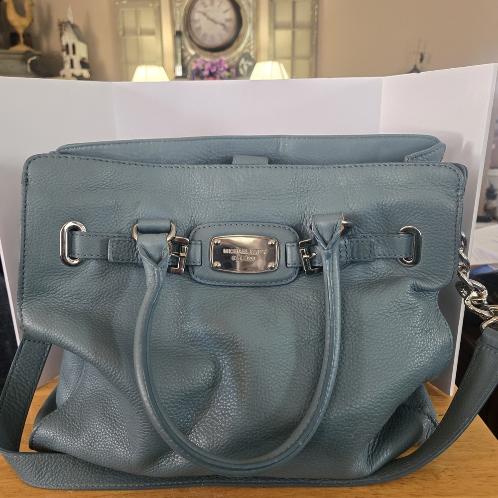 Michael Kors Teal Pebbled Leather Satchel with Silver Hardware